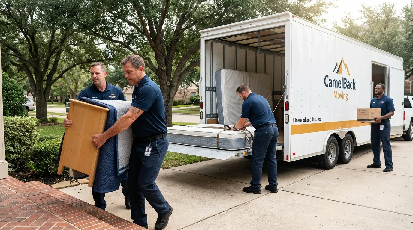 Crew loading residential truck for cross-state move from Combined Locks, WI
