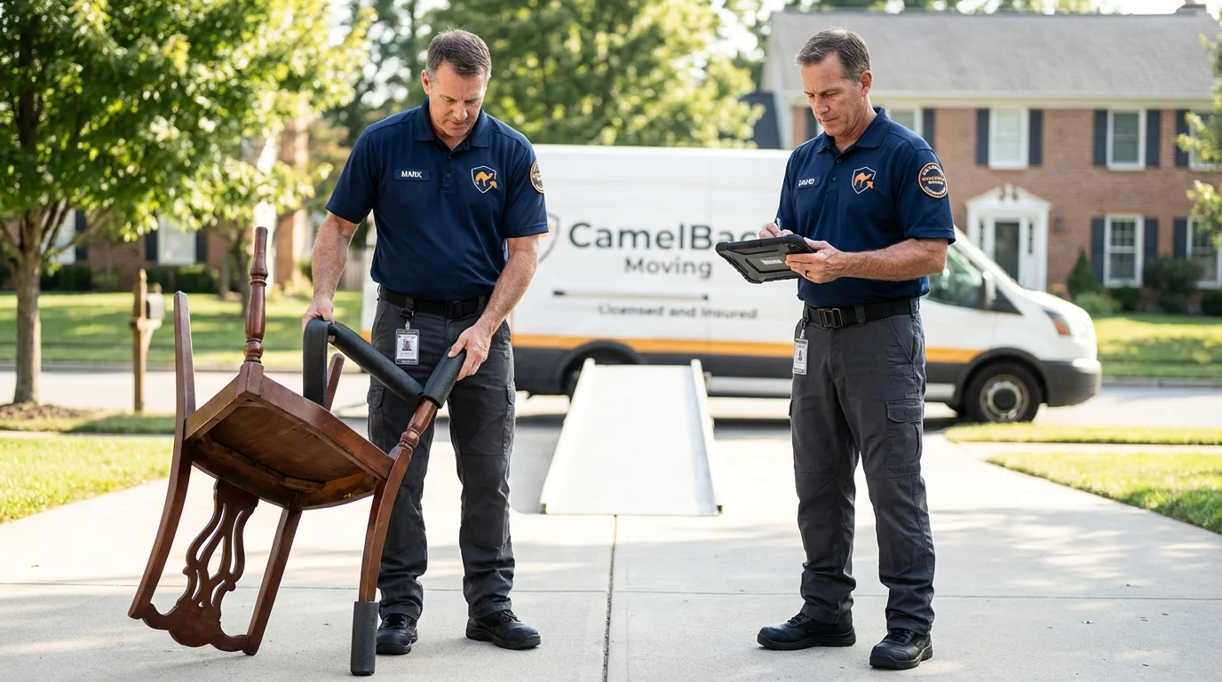 Movers inspecting furniture for damage prevention before loading in Combined Locks, WI