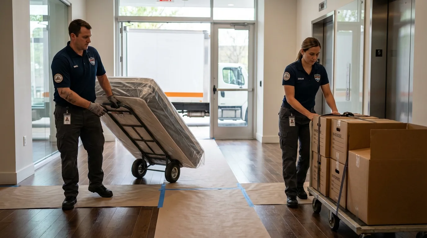 Professional apartment movers loading elevator in Combined Locks, WI