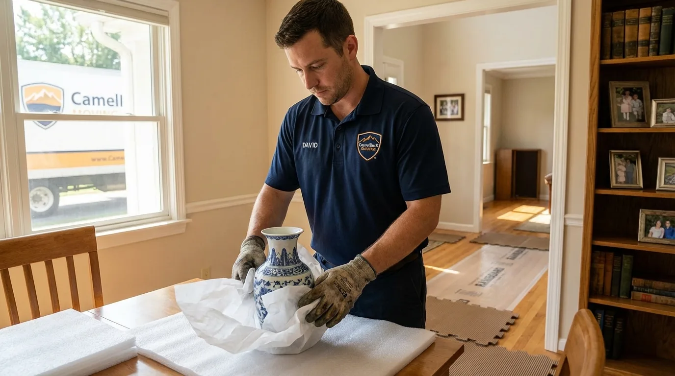 Professional crew carefully wrapping antique vase for senior downsizing move in Combined Locks, WI
